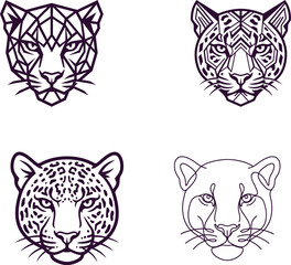 Four different stylized jaguar face illustrations in purple and white © Saidurra12