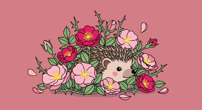 Cute cartoon hedgehog peeking from thorny rose bush, digital illustration
