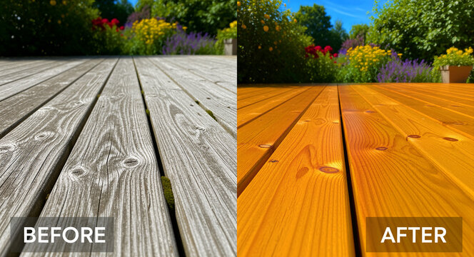 Before and after comparison of a weathered wooden deck restored with fresh stain. Left shows gray planks while right displays a vibrant finish. Home renovation concept for maintenance marketing.