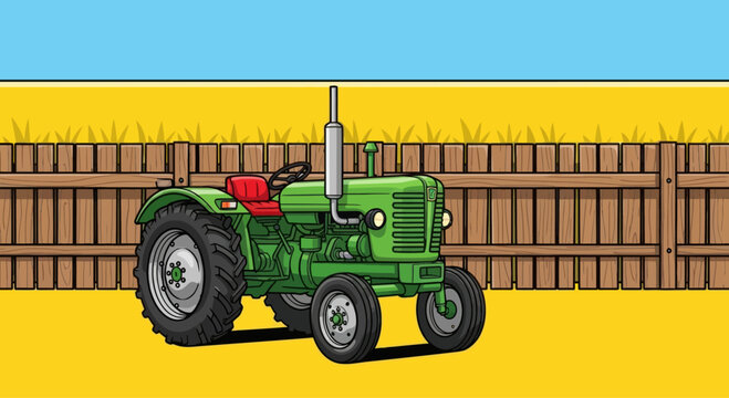 Green vintage tractor illustration with fence and field background, cartoon style.