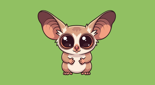 Cute cartoon bushbaby character with big eyes and ears, isolated on green background