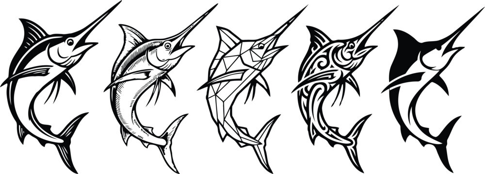 Set of marlin fish illustrations in different artistic styles