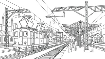 Vintage Electric Train at a Victorian Railway Station Coloring Page, Historical Line Art Illustration of People on Platform and Industrial Factory Background © IDR TAO