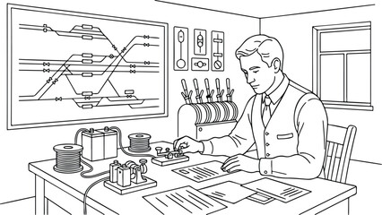Vintage Telegraph Operator at Railway Control Station, Line Art Coloring Page Illustration © IDR TAO