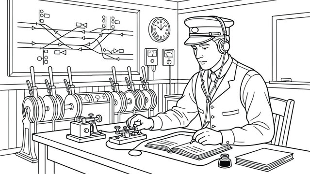 Vintage train dispatcher in control room coloring page, railway signalman operating telegraph and writing in logbook, historical transportation line art for education