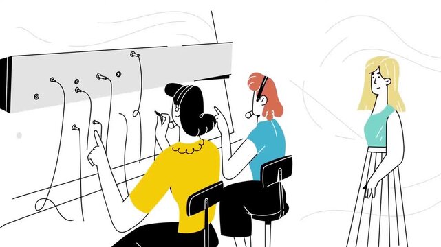 Vintage Telephone Switchboard Operators Connecting Wires in Retro Office Animation