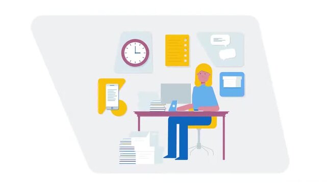 Busy Businesswoman Working at Her Office Desk with Sticky Notes and Laptop Animation