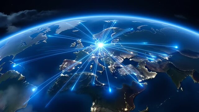 Futuristic global network connection with digital world map and planet Earth representing worldwide business communication technology