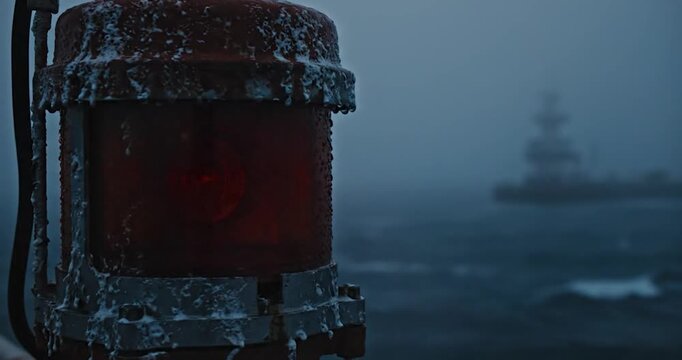 Flashing Red Navigation Light on a Ship Deck During a Stormy Sea Voyage