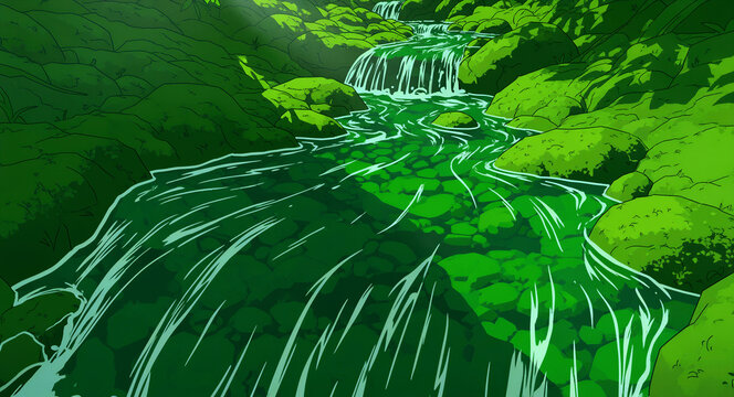 Lush green stream with waterfalls flowing over mossy rocks in anime style. Clear water reveals smooth pebbles on the riverbed. Tranquil nature concept for gaming and landscape art.