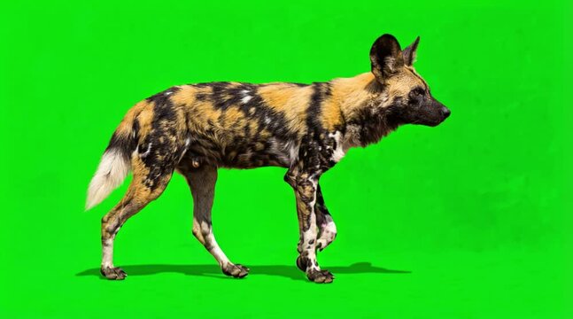 Video of one african wild dog are walking on the green screen background