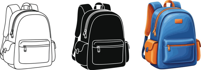 Versatile set of school backpacks presented as line art solid black and colorful vector illustrations ideal for education travel and student themes © Zohaib
