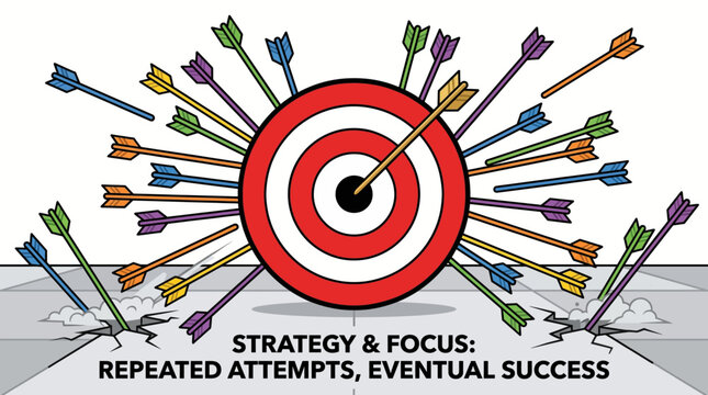 A colorful target with many arrows hitting and missing it represents strategy and focus through repeated attempts for eventual success in business.