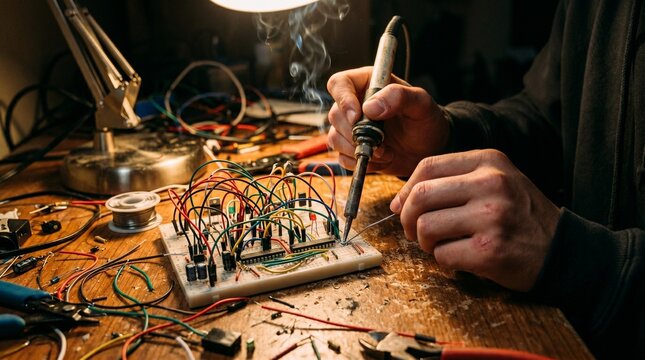 Person's hands soldering electronic components onto a circuit breadboard with smoke.