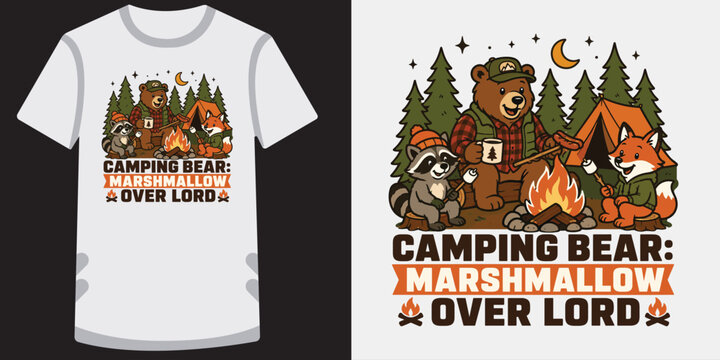 Camping bear and animal friends roasting marshmallows over campfire vector forest scenery.