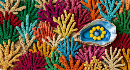 Fototapeta premium Colorful coral branches surrounding an oyster shell with yellow pearls. Vibrant arrangement features diverse textures and bright rainbow hues. Marine biology concept for tropical travel marketing.