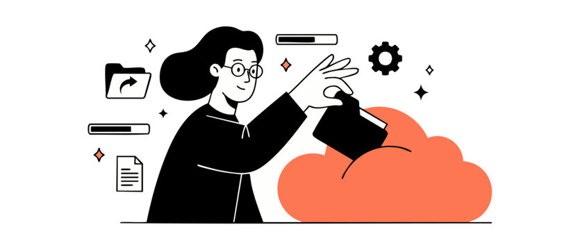 Cloud storage file upload woman organizing digital database backup in flat vector line art style, business woman developer saving secure online folder into cloud server. Modern technology concept.