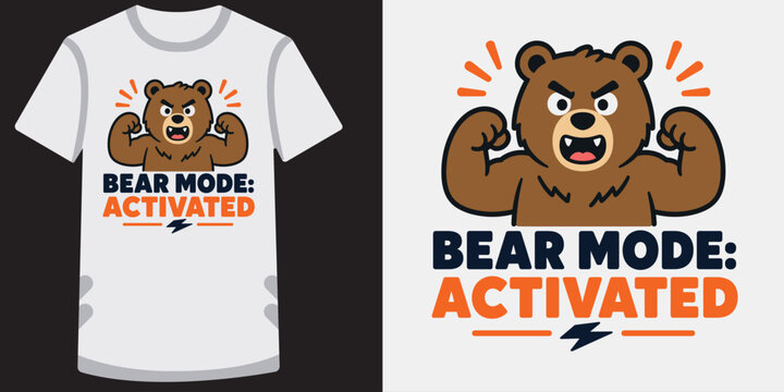 Angry brown bear flexing muscles representing power and strength in funny t shirt design.