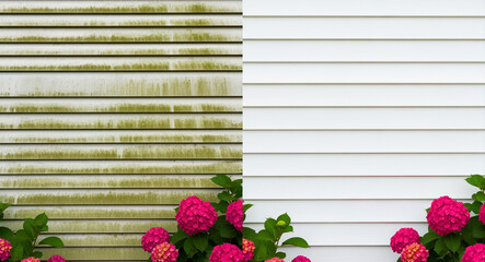 Fototapeta premium Before and after comparison of dirty and clean white vinyl siding on a house. Mold removal through professional pressure washing. Home maintenance concept for exterior cleaning service marketing.