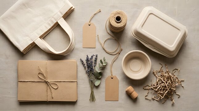 Eco friendly sustainable packaging collection featuring a reusable canvas tote bag paper bowls cardboard tags twine and dried lavender flowers arranged neatly on a light textured background
