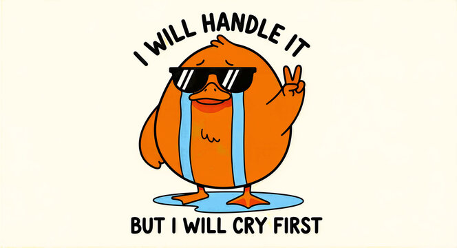 Funny duck cartoon wearing sunglasses and crying tears. Humorous illustration with peace sign and text about handling stress. Relatable mental health humor concept for social media memes.
