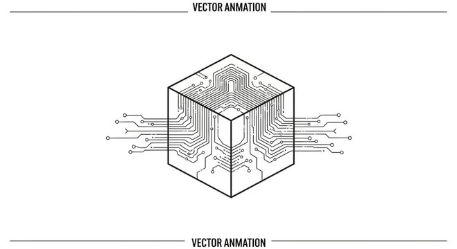 Abstract Cube with Circuit Board Lines and Connections, Digital Technology Concept