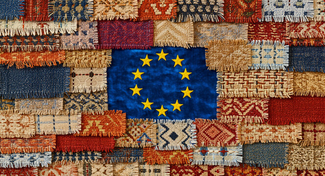 European Union flag surrounded by diverse colorful fabric patches. Close-up of a textile patchwork design with traditional woven patterns. Concept of European unity and cultural diversity.
