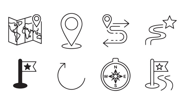 Set Of Travel Navigation Icons Featuring Map Pin Route Compass And Flag Symbols