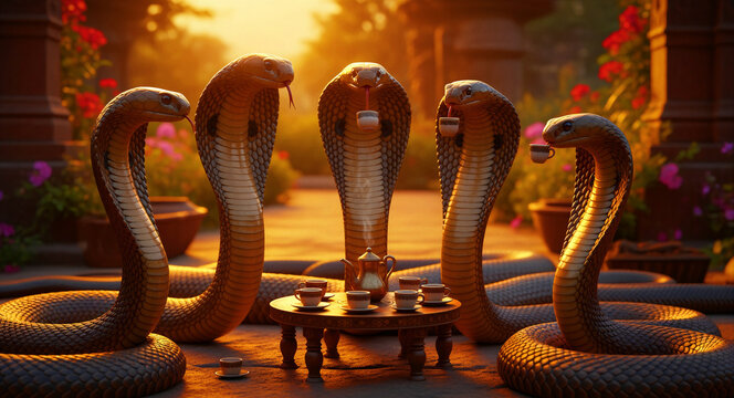 Group of cobras drinking tea around an ornate table in a sunset garden. Surreal digital art showing snakes socialising with coffee and cups. Whimsical animal concept for creative storytelling.