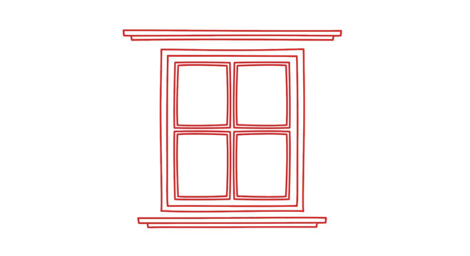 Red Outline Drawing of a Traditional Four-Pane Window Frame