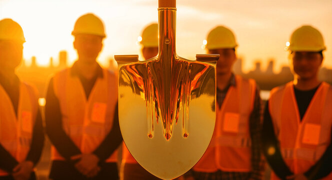 Golden shovel standing upright in front of a construction crew at sunset. Engineers and builders in hard hats pose behind the ceremonial spade. Groundbreaking ceremony and project success concept.