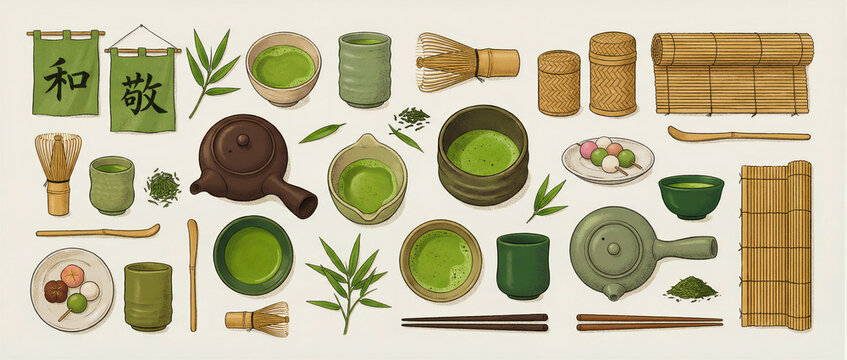 Japanese matcha tea ceremony collection with bowls, whisks, and teapots in an illustrated style. Includes traditional dango treats and bamboo accessories. Cultural zen concept for tea branding.