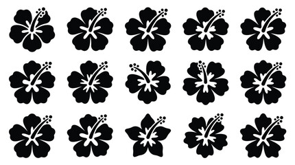Collection of black hibiscus flower icons on a white background, representing tropical flora and summer themes. © yuanita