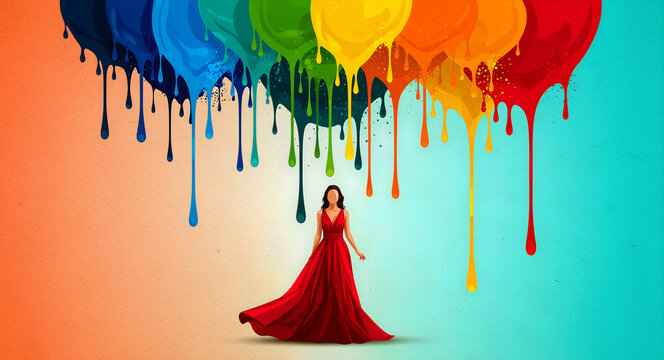 Woman in a red gown under dripping rainbow paint. Artistic illustration with colorful liquid splashes. Diversity and creativity concept for pride and fashion branding.