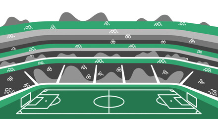 Soccer stadium with green field and spectator stands, flat design vector illustration © Keh