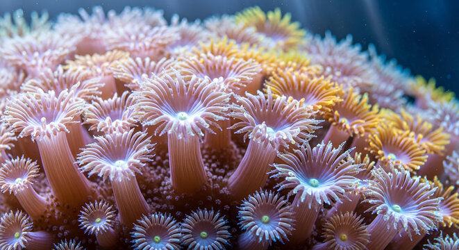 Vibrant coral reef polyps, bright marine life background