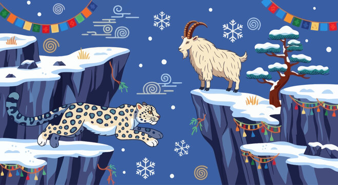 Cartoon snow leopard and ibex on snowy cliffs with prayer flags and snowflakes
