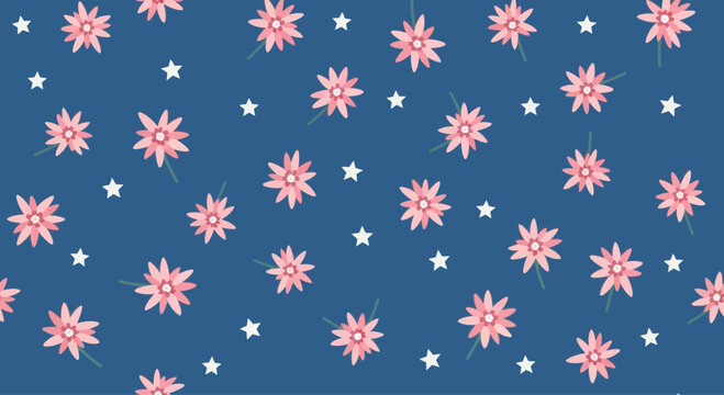 Cute pink flower and star pattern on dark blue background, seamless vector illustration.