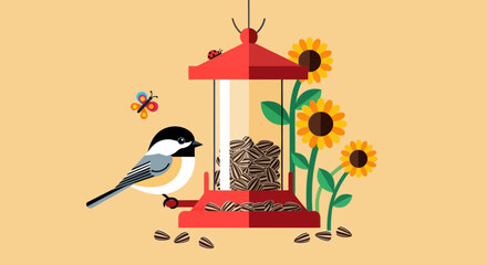 Vector illustration of a chickadee bird on a feeder with sunflowers and a butterfly © Keh