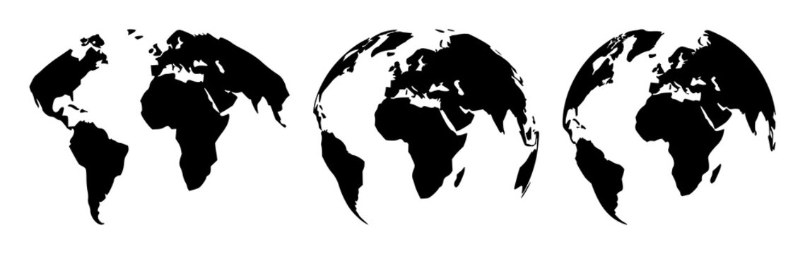 Solid black icon, white background: worldwide shipping globe set with simple line art design featuring outline, illustration, graphic elements with clean design and vector art