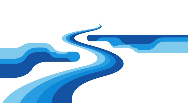 Abstract blue river flowing through stylized landscape, graphic element