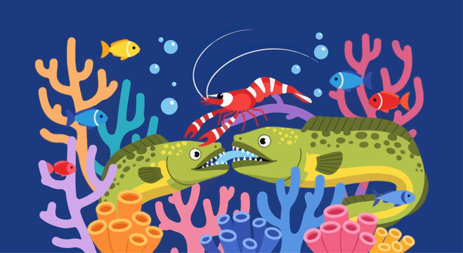 Cartoon moray eels and shrimp in coral reef scene, flat design vector illustration