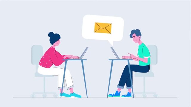 Man and Woman Working Remotely on Laptops with a Floating Email Icon Communication Animation