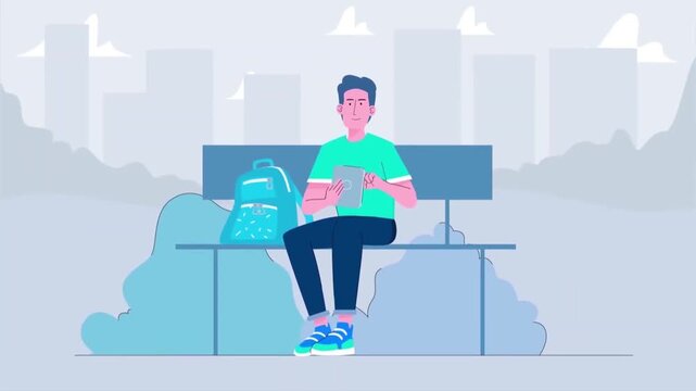 Young Man Sitting on Park Bench and Using a Digital Tablet Outdoor Animation