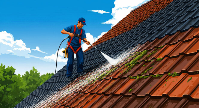 Professional worker pressure washing a tiled roof. Specialist removing moss and grime with high-pressure water sprayer. Exterior house maintenance concept for home service marketing.