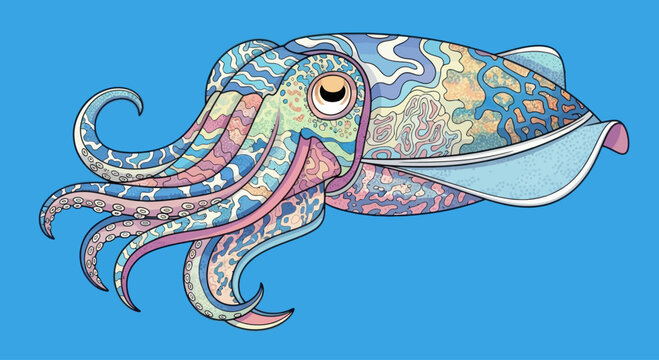 Colorful cuttlefish with abstract patterns on body, isolated on blue background, vector illustration.