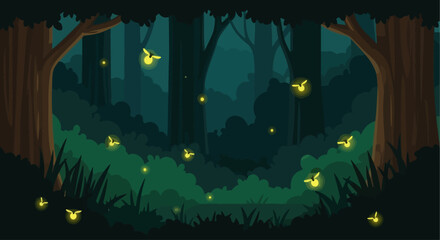 Fototapeta premium Magical forest scene with fireflies glowing at dusk, flat design illustration