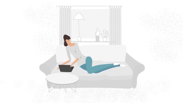 Woman Relaxing on Living Room Sofa Couch while Working on Laptop Computer Animation