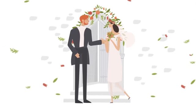 Bride and Groom Standing Under Floral Wedding Arch Marriage Ceremony Animation