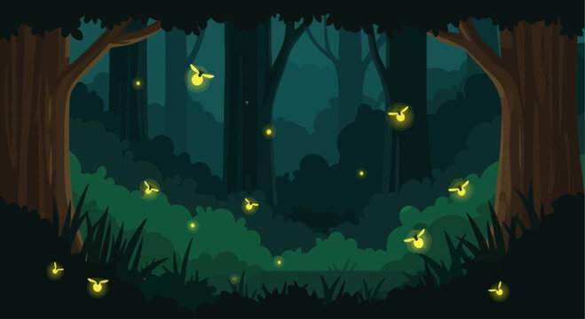 Magical forest scene with fireflies glowing at dusk, flat design illustration